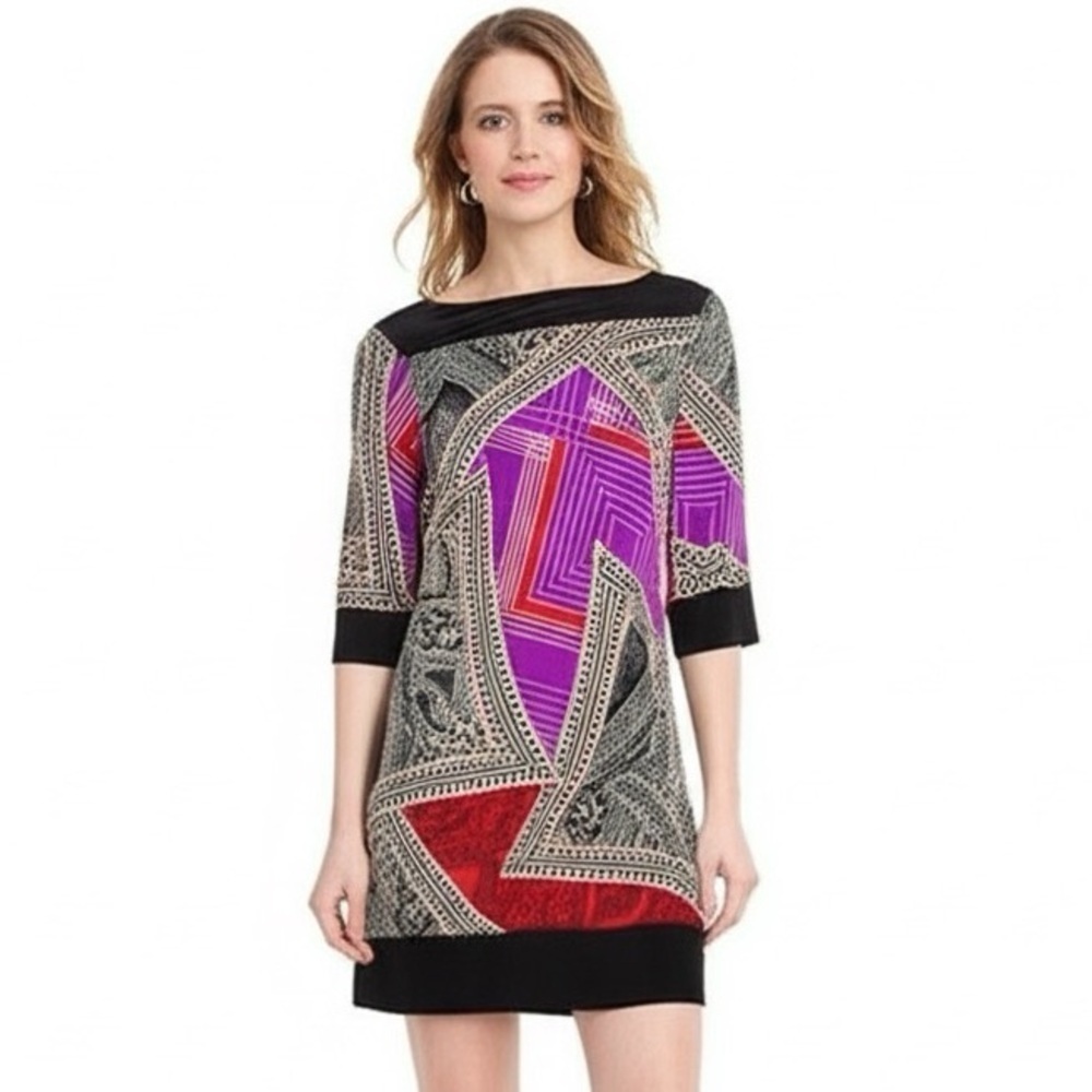 Stretch Sheath Retro Print Dress, Multicolor, Size S